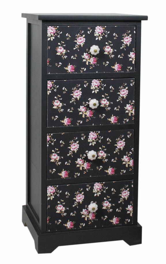 Black drawer chest, floral pattern drawers-5532