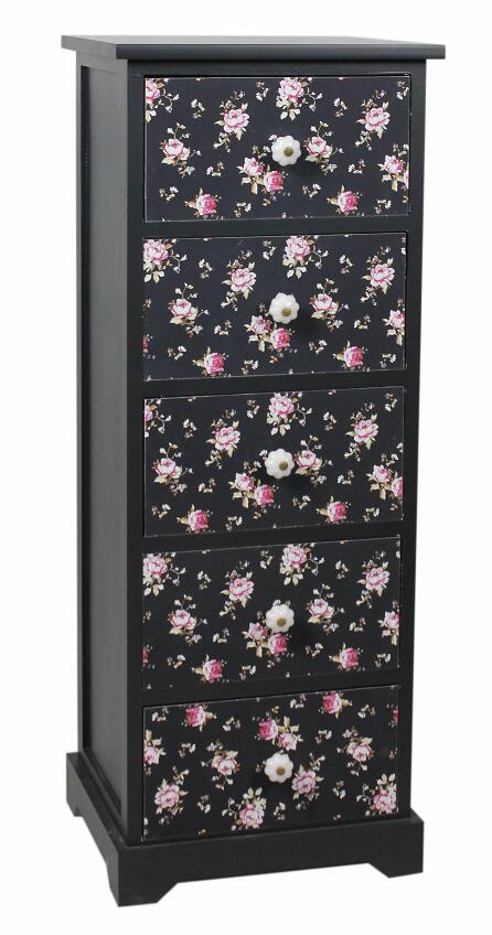 Black drawer chest, floral pattern drawers-5533